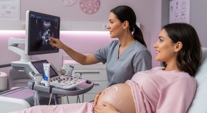 Pregnant woman undergoes ultrasound scan with doctor pointing at screen, showing baby image and expectant mother's joy