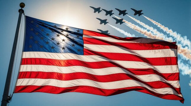 American flag waves on pole against blue sky. Military jets fly in formation leaving white smoke trails during air show. Patriotic celebration for Labor Day Independence Day with aviation display