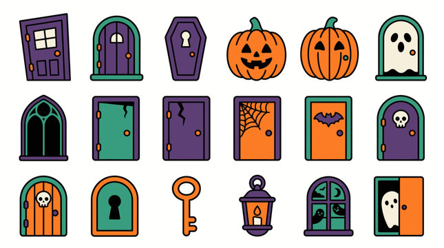 Halloween spooky door icons set, 18 flat vector elements. Haunted house entrance and window graphics. Purple and orange holiday symbols.