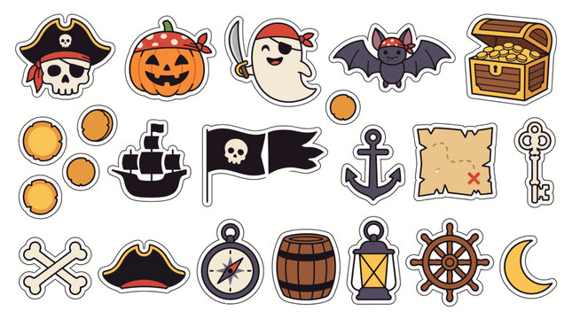 Halloween pirate sticker set, cute cartoon spooky icons, 18 vector elements with skull ghost and pumpkin, nautical treasure hunt graphics