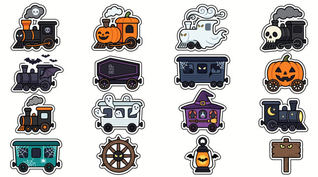 Halloween ghost train sticker set, spooky locomotive and pumpkin carriage icons, 16 vector cartoon horror transport elements