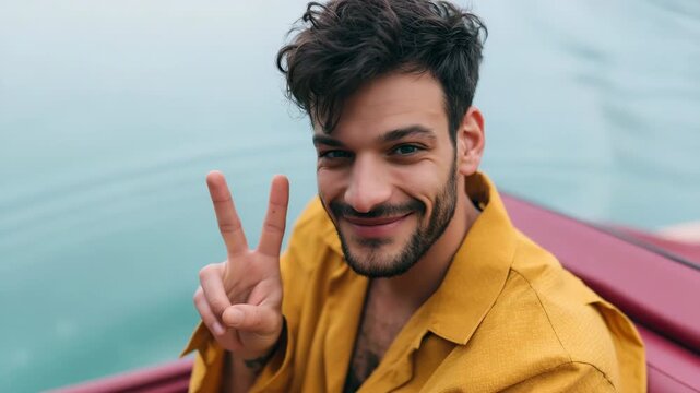 Closeup smiling man showing peace sign on a boat for travel social media background and banner use