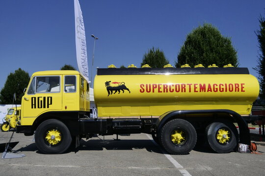 Agip supercorte vintage tanker truck exposed to Mimo, internationl car show in Monza, Lombardy, Italy