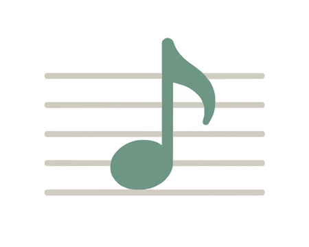 Hand-traced vector icon of a sage green music note resting on a five-line musical staff. Minimal flat illustration with soft beige lines and rounded edges, perfect for sheet music, audio apps, and