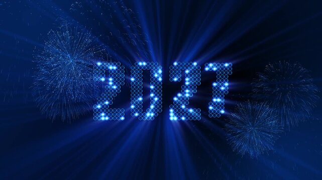 Electric blue 2027 digits shine festive sky glowing fireworks energetic light effects. New Year parties, countdown reveals, annual events, holiday greetings, festival promos, midnight celebrations,