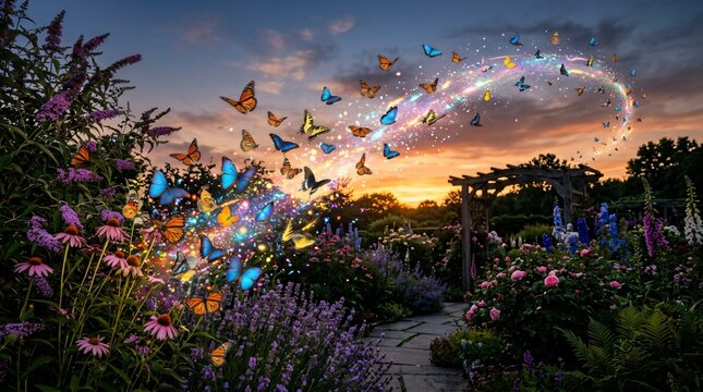 Swarm of glowing monarch butterflies swirling across a sunset garden path, fantasy nature landscape symbolizing migration and transformation.