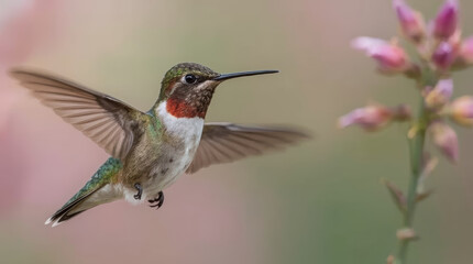 Fototapeta premium Hummingbird hovering near pink flower with spread wings and vivid plumage