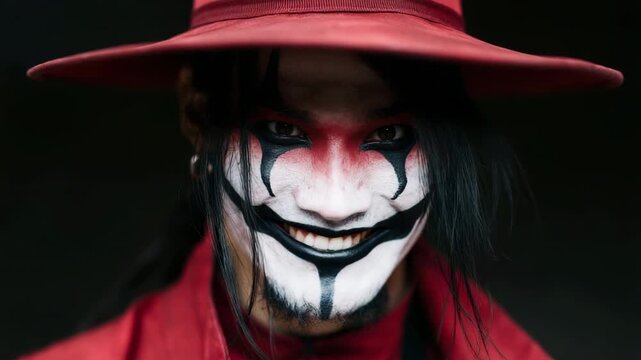 Close sinister smile clown under red wide brim hat with black eye paint for halloween poster background and horror banner design