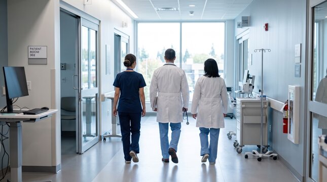 Medical team of doctors and nurses walking down hospital corridor together, healthcare professionals collaboration in clinical environment.