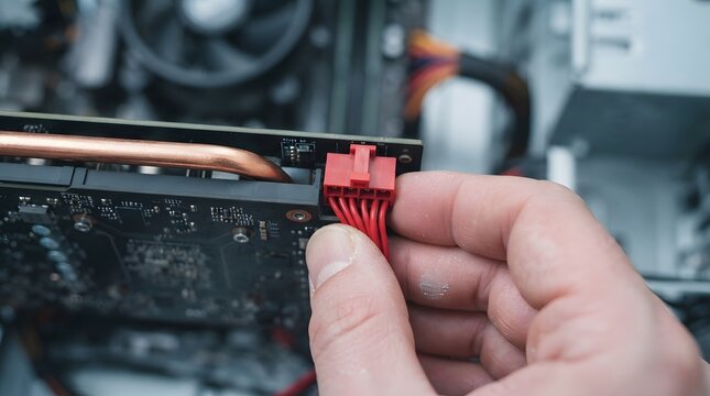 Technician Connecting Red Power Cable to Graphics Card Inside PC Case