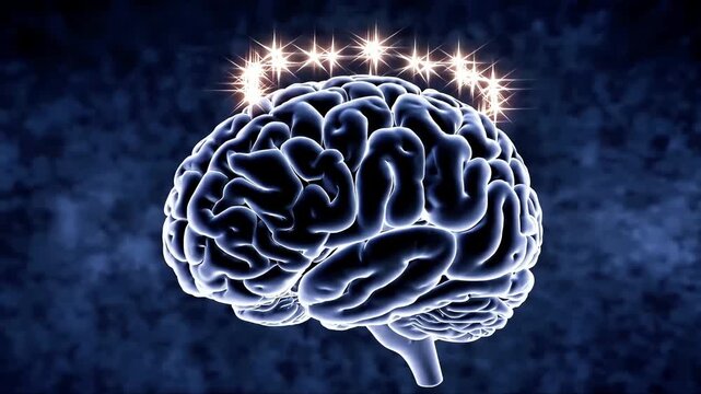 Glowing mind crown with star sparks above human brain model on dark background, blue synaptic connections symbolise high intelligence and creativity, concept of inspiration and sudden epiphany dream