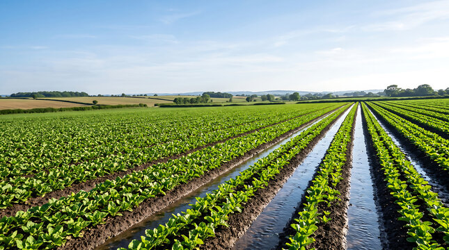 Rows of green crops in a flooded field with irrigation furrows, under a clear blue sky in a rural agricultural landscape