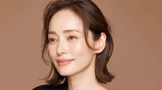 日本人, 女性, 50代, 40代, ミドル, シニア, 美容, スキンケア, エイジングケア, 健康, ライフスタイル, 美人, ナチュラル, 清潔感, 透明感, 白背景, コピースペース, 広告素材, 信頼感, 微笑み, ウェルビーイング, 上半身, 視線, ポニーテール, 化粧品, エステ, 自己肯定感, オーセンティック, ポジティブエイジング, 日本, ウェルエイジング, サプリメント,