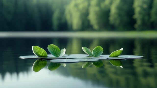 Green lily pad with small leaves floating on calm water reflecting a lush forest background