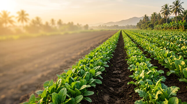 Rows of green leafy vegetables growing in a field at sunrise, with palm trees and distant mountains in the background, under a hazy sky