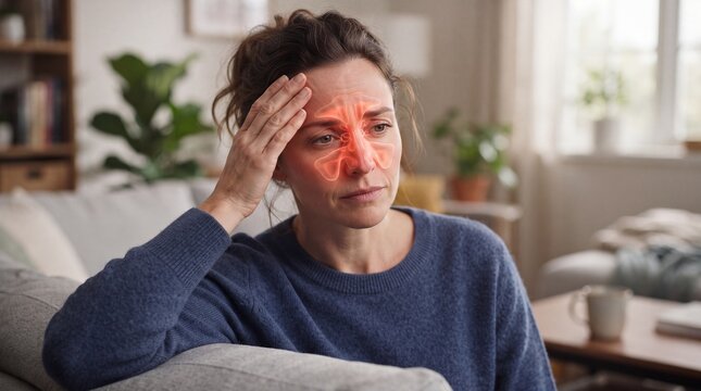 Woman Experiencing Sinus Pain and Facial Pressure with Sinus Anatomy Overlay