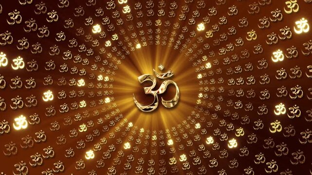 Sacred Aum symbols spiral glowing golden perspective central Om emblem. mindfulness, chanting, meditation, Hindu worship, spiritual ceremonies, devotional programs, yoga content cinematic religious