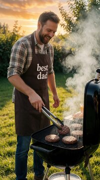 Smiling man wears best dad apron grilling beef burgers on barbecue grill in backyard. Happy father cooks delicious meat for family dinner during summer sunset. Outdoor party with tasty food, smoke at