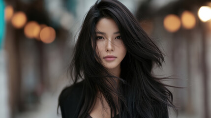 Fototapeta premium Woman long black hair street dusk soft light urban Asian serious outdoor fashion beauty city portrait wind alley evening natural model female