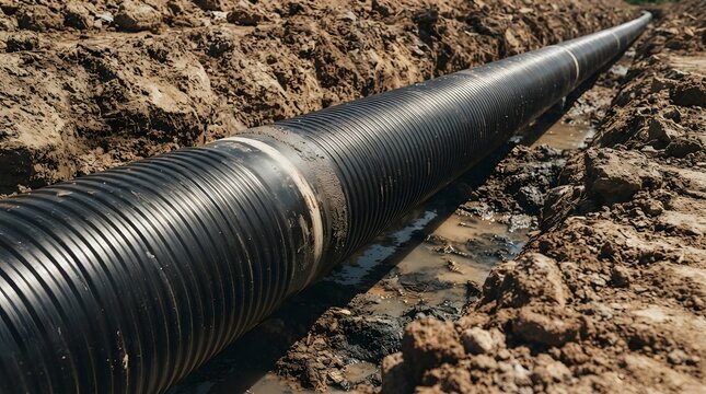 Corrugated Black Pipe Laid in Underground Trench for Pipeline Construction