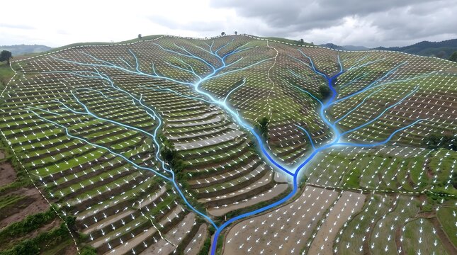 3D GIS mapping visualization of terrain with soil moisture distribution contours and data points over a forest landscape