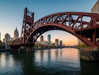 Naklejka premium Vintage red steel drawbridge spans over wide urban river. Historic metal bridge structure crosses calm water near city skyline at sunset. Old industrial architecture meets modern skyscrapers in urban