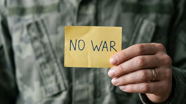 Soldier in military camouflage uniform holding yellow paper sign saying no war for peace message, advocating for no war movement and global harmony with a no war protest concept.
