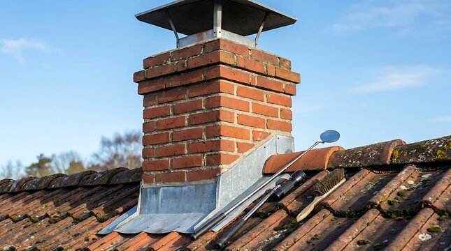 Close-up view of a sturdy brick chimney on a weathered red tile roof, showcasing traditional home architecture and the need for regular property maintenance under a bright blue sky