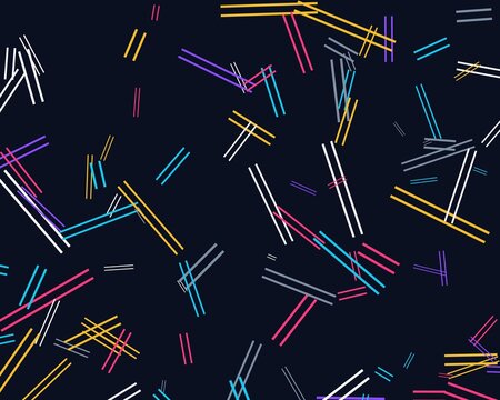 Abstract scattered colorful lines and dashes on dark background for design.