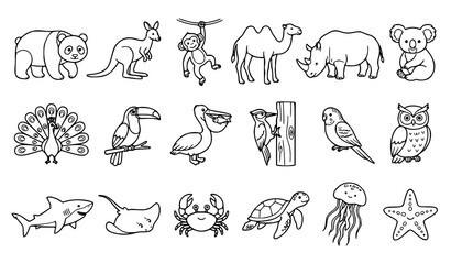 Fototapeta premium Wildlife animal outline icon collection featuring elephants, kangaroos, horses, rhinoceros, koala, birds, fish, crab, and jellyfish