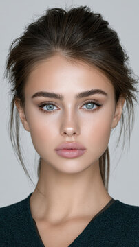 Young woman with oval face defined cheekbones clear skin blue eyes natural makeup brown hair neutral background confident expression