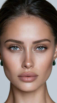 Woman oval face defined cheekbone smooth skin blue eye natural makeup beauty portrait closeup studio