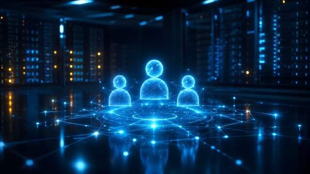 Glowing blue holographic network of people connected in a dark server room representing digital communication and data center teamwork