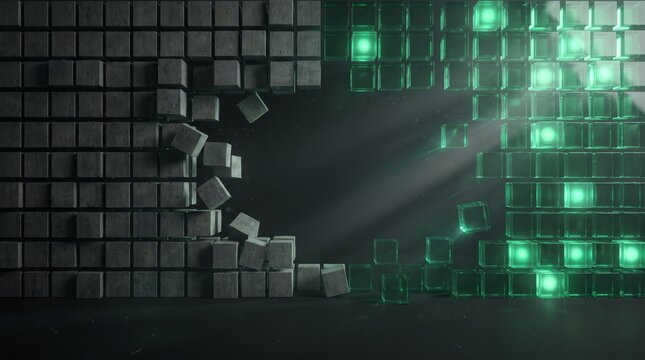 Abstract digital cube wall breaking apart, glowing green light rays through dark stone blocks, futuristic technology background for cybersecurity and data breach