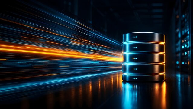 High speed glowing light trails passing a database server tower representing fast data processing and cloud computing infrastructure.