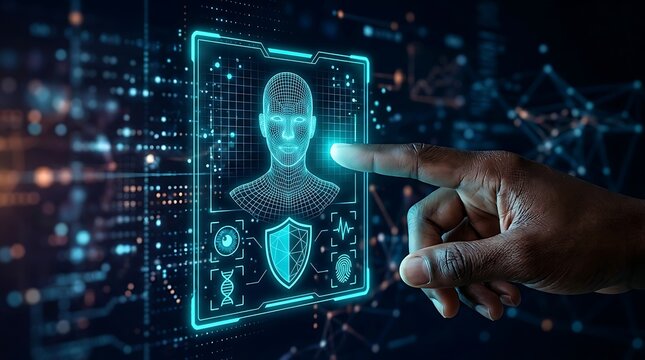 Biometric security scan, digital identity verification for personal data protection, secure access control system, futuristic technology for cybersecurity and privacy