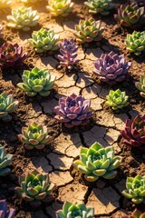 Fototapeta premium Colorful succulents grow in cracked dry earth under bright sun. Vibrant green, purple echeveria plants sprout from parched soil. Small desert flora emerge from arid ground in garden nature landscape