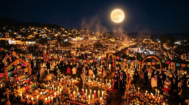 Dia de los Muertos celebration in candlelit Mexican cemetery under full moon, marigold ofrendas, traditional Day of the Dead festival and Hispanic heritage.