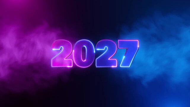 Electric 2027 numerals emerge cyan smoke clouds glossy neon dramatic atmosphere. futuristic New Year reveals, 19 launches, corporate milestones, countdown openers, nightlife events, digital