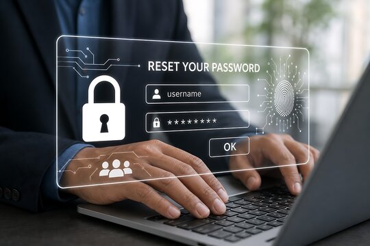 Hands typing on laptop with reset password interface and security icons overlay