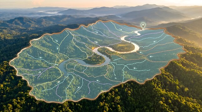 GIS mapping technology representing watershed analysis of a winding river valley in a dense green forest mountain landscape
