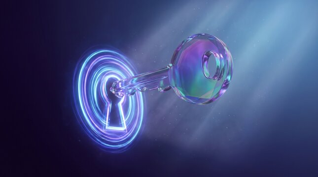 Glowing glass key entering digital neon keyhole, futuristic cybersecurity concept, iridescent crystal texture on dark blue background, volumetric lighting