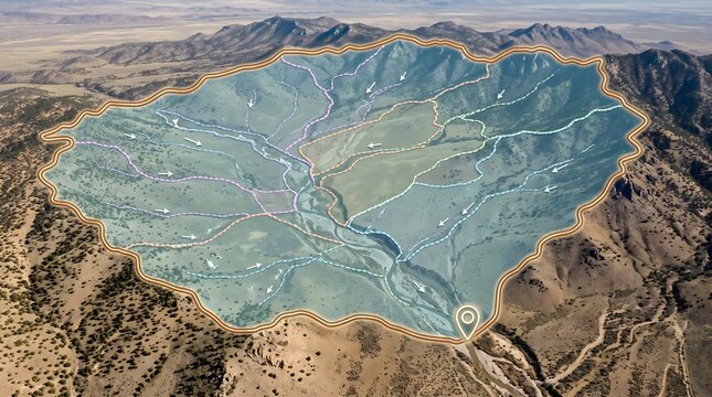 Aerial GIS visualization of a mountain watershed, displaying hydrological networks, water flow paths, and defined basin boundaries for environmental analysis