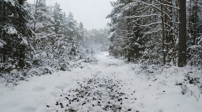 Snowy Forest Path During Winter with Frost-covered Trees
