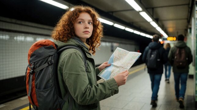 Young woman with red curly hair and backpack holds map at subway station. People walk past her on platform. She looks around for direction. Copy space available.
