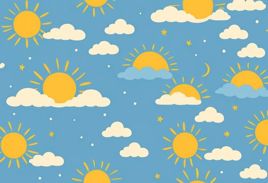 Cheerful Blue Sky Pattern with Cute Sun and Cloud Illustrations
