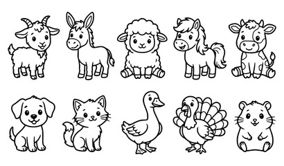 Obraz premium Farm animal outline icon collection featuring goats, horses, sheep, cows, dogs, cats, chickens, ducks, turkeys, and rabbits