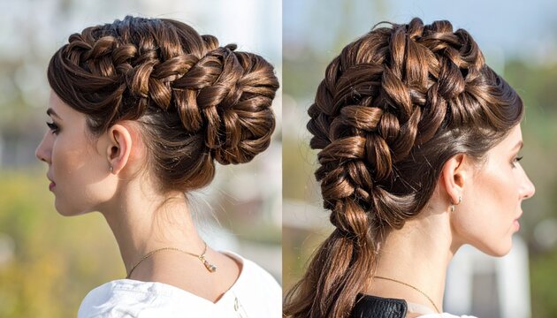 Elegant braided hairstyles featuring intricate weaving and textured buns, showcasing detailed hair artistry from side and back views.
