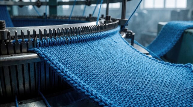Blue knitted fabric emerging from industrial knitting machine in textile factory. Product rolls from rotating sticks, meets conveyor, blur background shows lit warehouse windows. Modern manufacturing