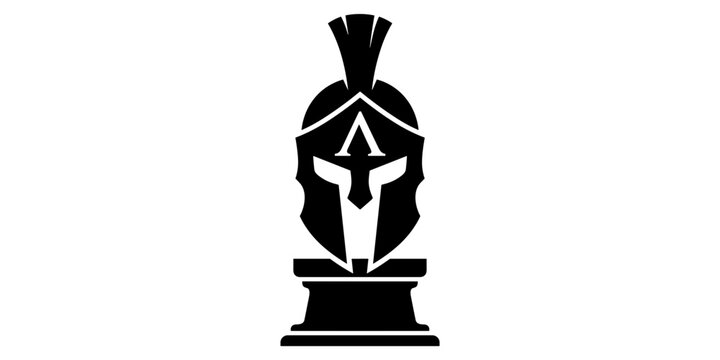 Black silhouette of a spartan helmet with lambda symbol on a pedestal, white background